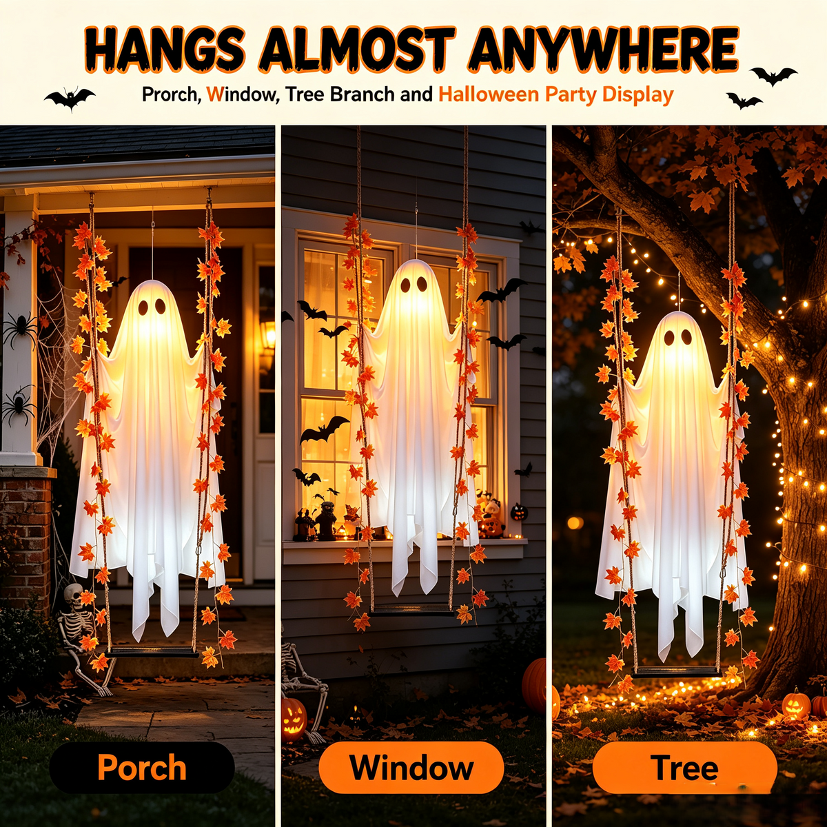 🔥Limited-time 20% Off👻✨LED Hanging Ghost Swing Decoration, 5FT Remote Controlled Halloween Outdoor Hanging Decor🎃