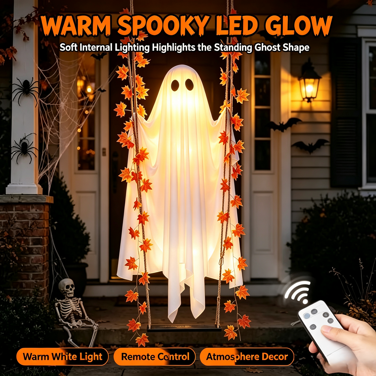 🔥Limited-time 20% Off👻✨LED Hanging Ghost Swing Decoration, 5FT Remote Controlled Halloween Outdoor Hanging Decor🎃
