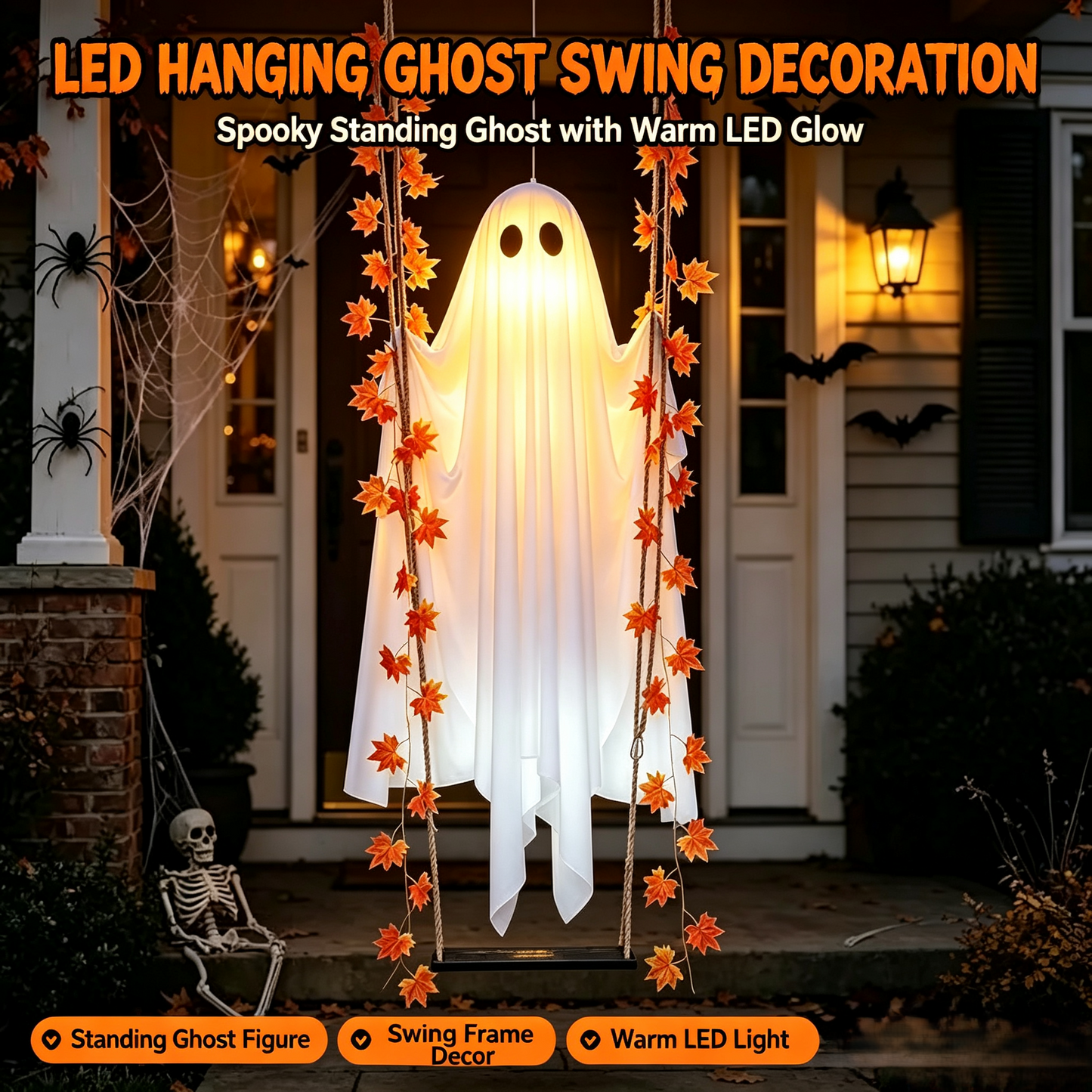 🔥Limited-time 20% Off👻✨LED Hanging Ghost Swing Decoration, 5FT Remote Controlled Halloween Outdoor Hanging Decor🎃