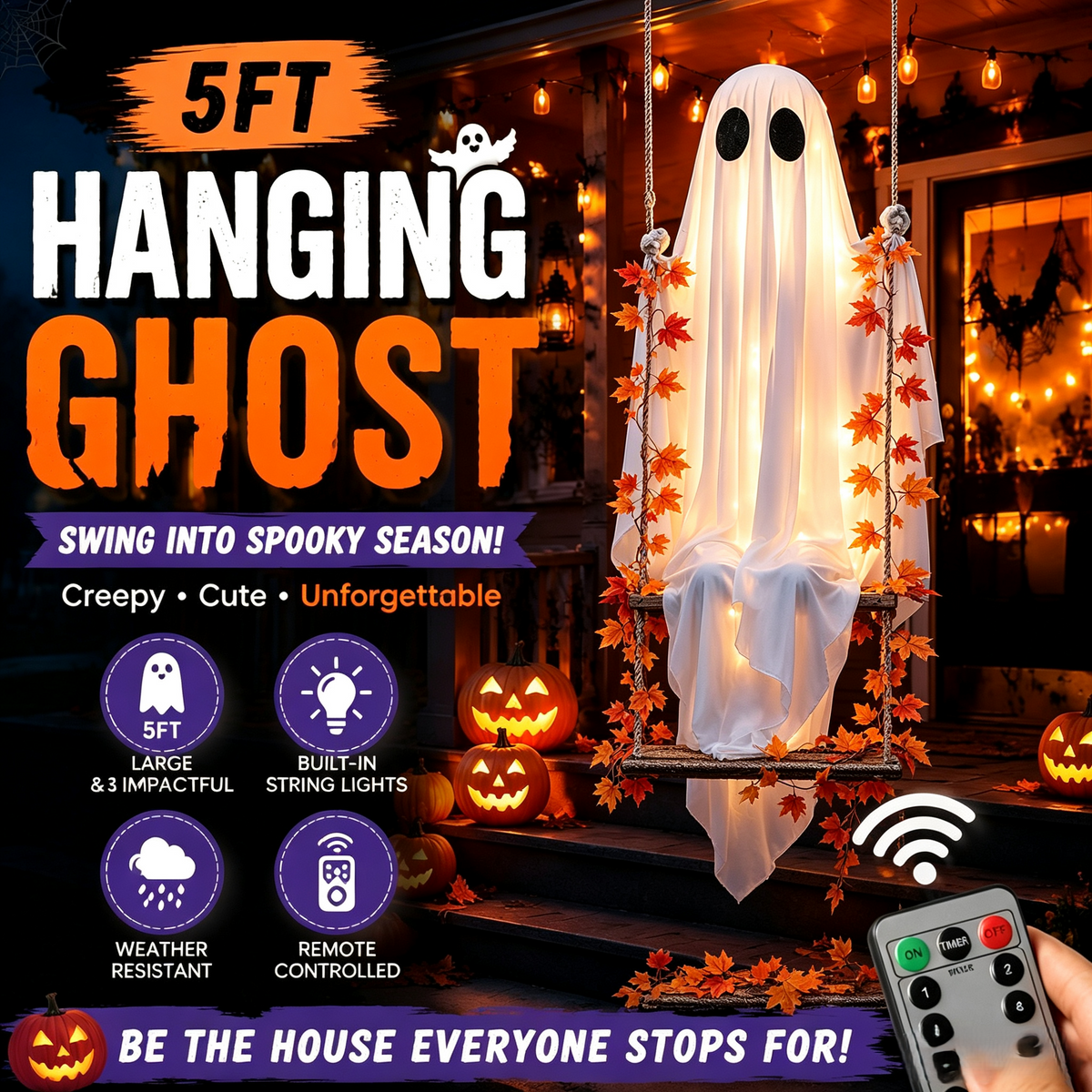 🔥Limited-time 20% Off👻✨LED Hanging Ghost Swing Decoration, 5FT Remote Controlled Halloween Outdoor Hanging Decor🎃