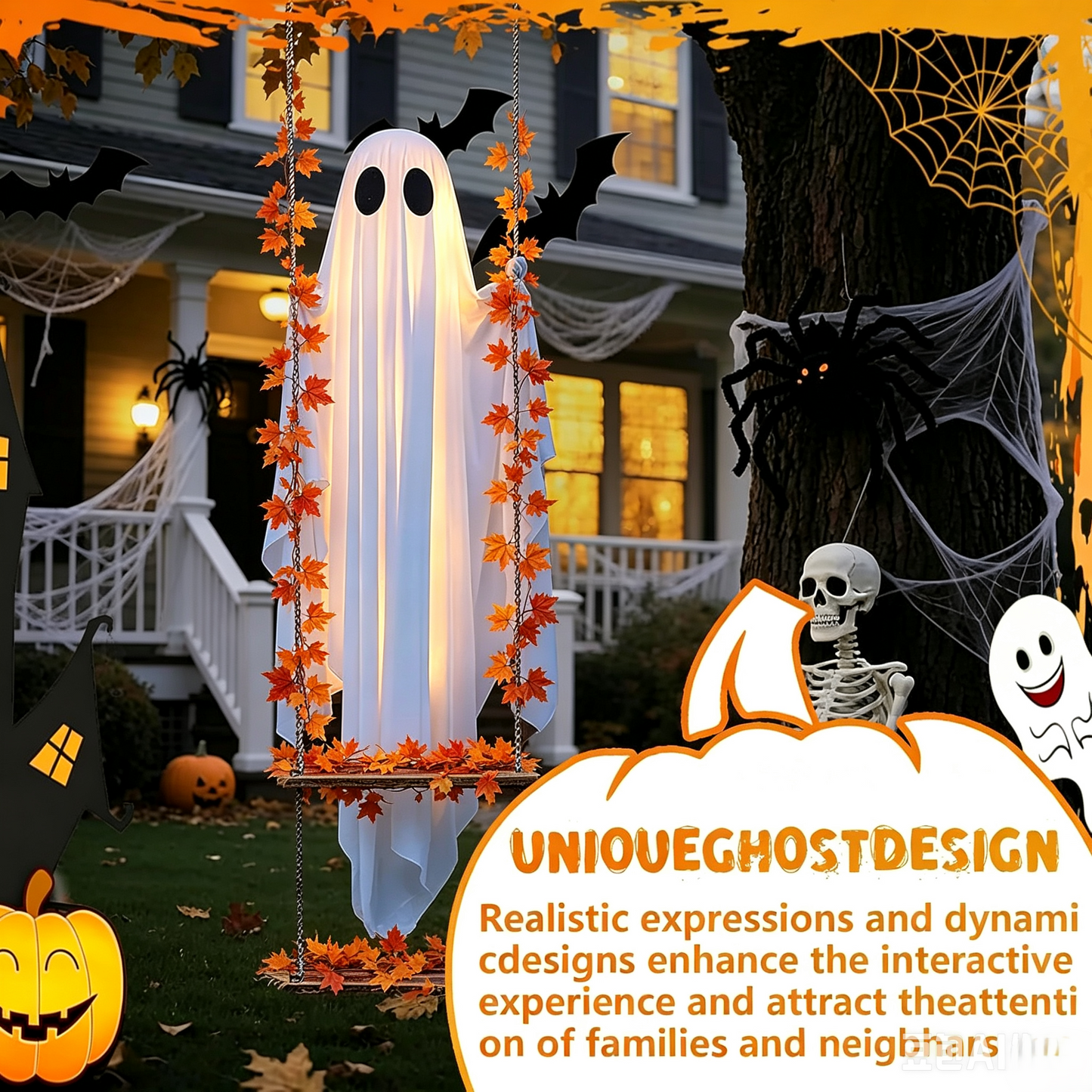 🔥Limited-time 20% Off👻✨LED Hanging Ghost Swing Decoration, 5FT Remote Controlled Halloween Outdoor Hanging Decor🎃