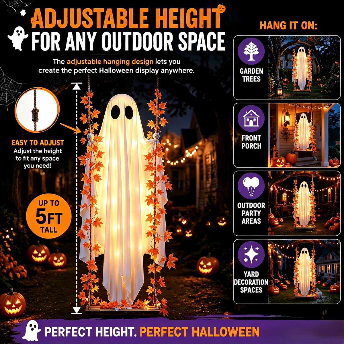 🔥Limited-time 20% Off👻✨LED Hanging Ghost Swing Decoration, 5FT Remote Controlled Halloween Outdoor Hanging Decor🎃