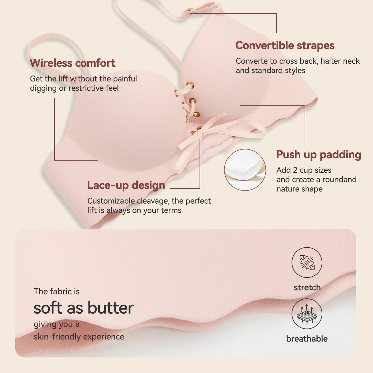 Drawstring Push Up Bra | Instant Cleavage & Anti-Sagging | Add 2 Cups Padded Wireless Strapless Bras Comfort Bra for A B C Cups Womenswear Minimalist Pink